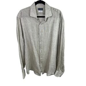 Luigi Fusaro Shirt Mens Large Green 100% Linen Long Sleeve Button Up Puro Lino